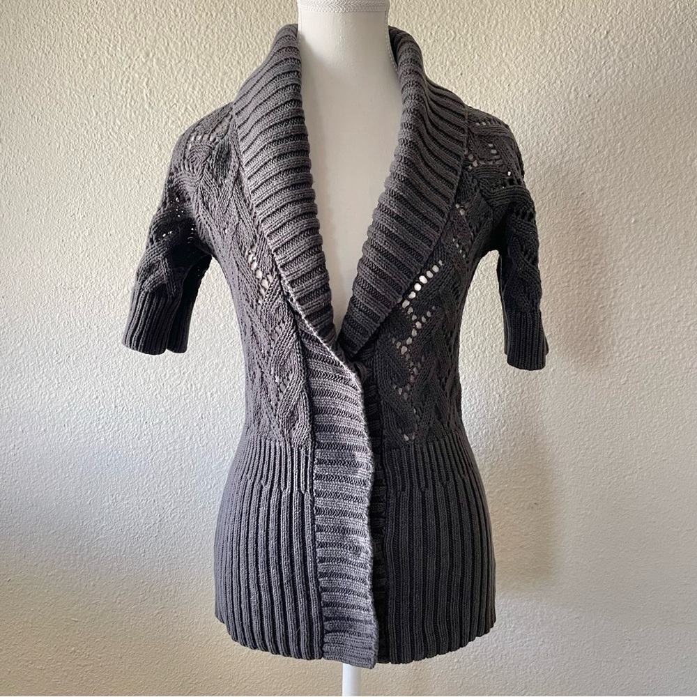 Eddie Bauer Shawl Collar Knit Cardigan Sweater Women’s M Gray Short Sleeve Y2K
